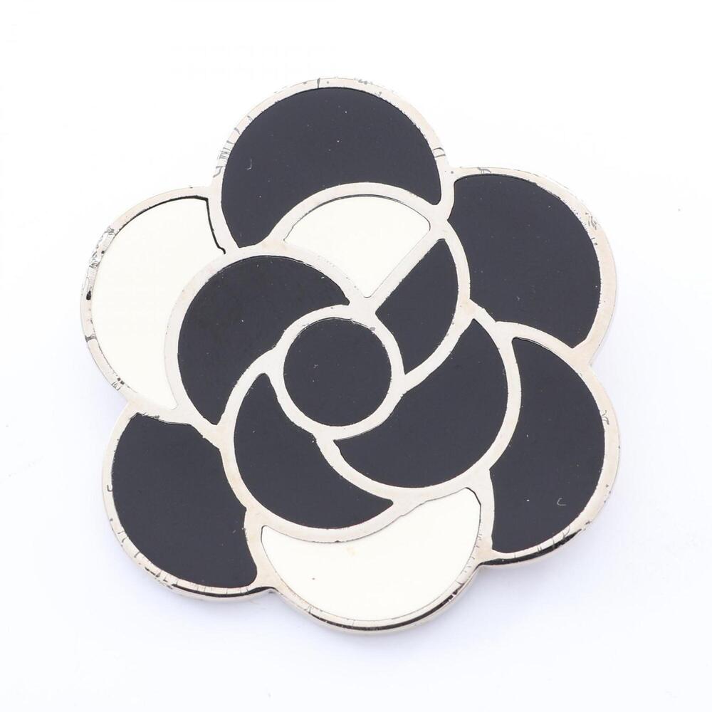 Chanel Camellia Brooch, Metal Accessory, Women's, Silver, Black, White